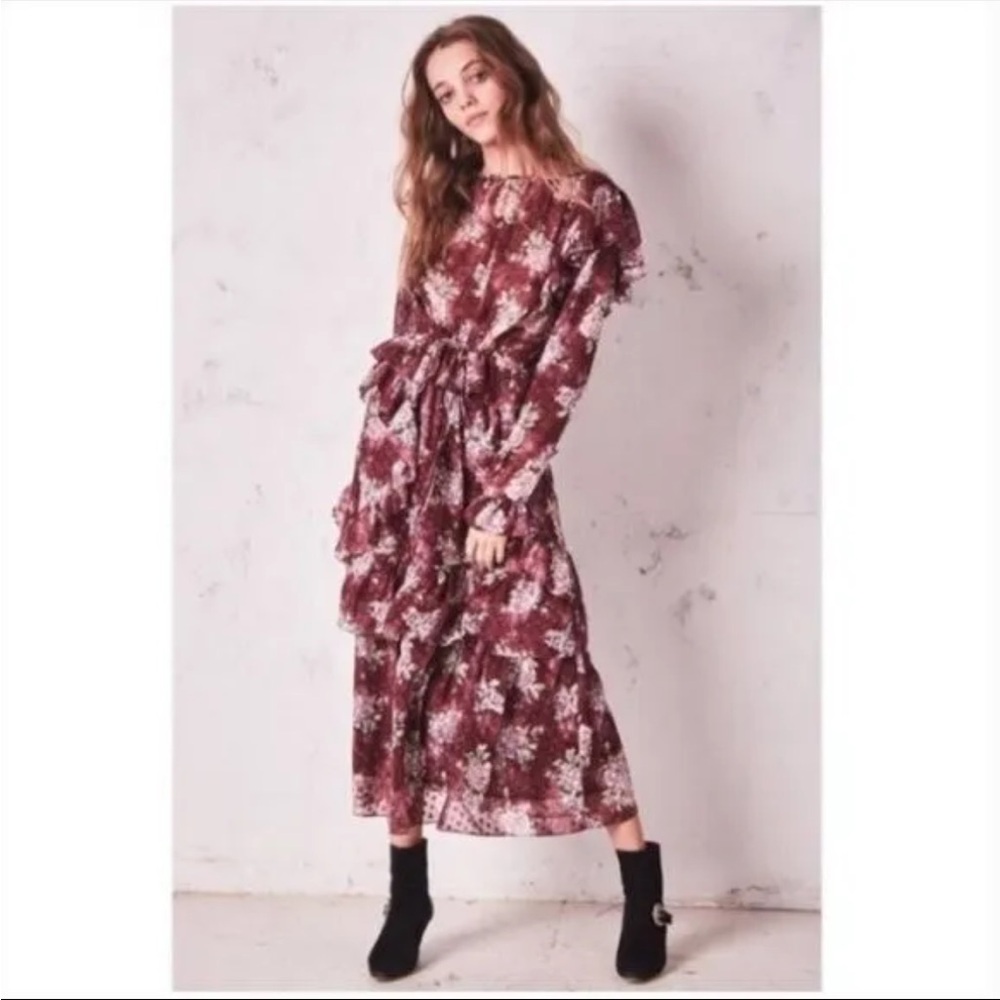 LoveShackFancy Saddle Red Sonia Silk Cocktail Floral Ruffle Dress
